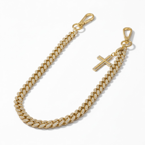 Gold Jewelry Essentials Rhinestone Crosses pocket chain accessory with sparkling rhinestones and chain detail.