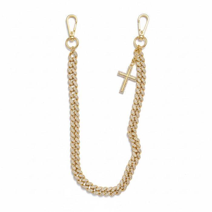 Gold Jewelry Essentials Rhinestone Crosses pocket chain accessory with sparkling rhinestones on a chain for stylish wear.