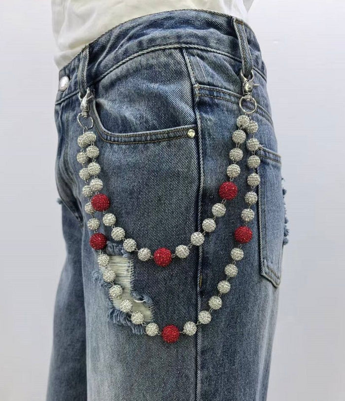 Kind Red rhinestone pocket chain accessory in silver and red with sparkling rhinestones, designed for stylish pockets.