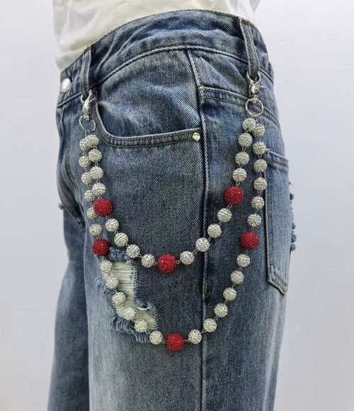 Kind Red rhinestone pocket chain accessory in silver and red with sparkling rhinestones, designed for stylish pockets.