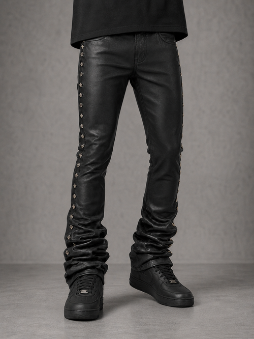 Kindred Coated Stud Stacked Denim jacket, blue denim with metal stud embellishments and layered design.