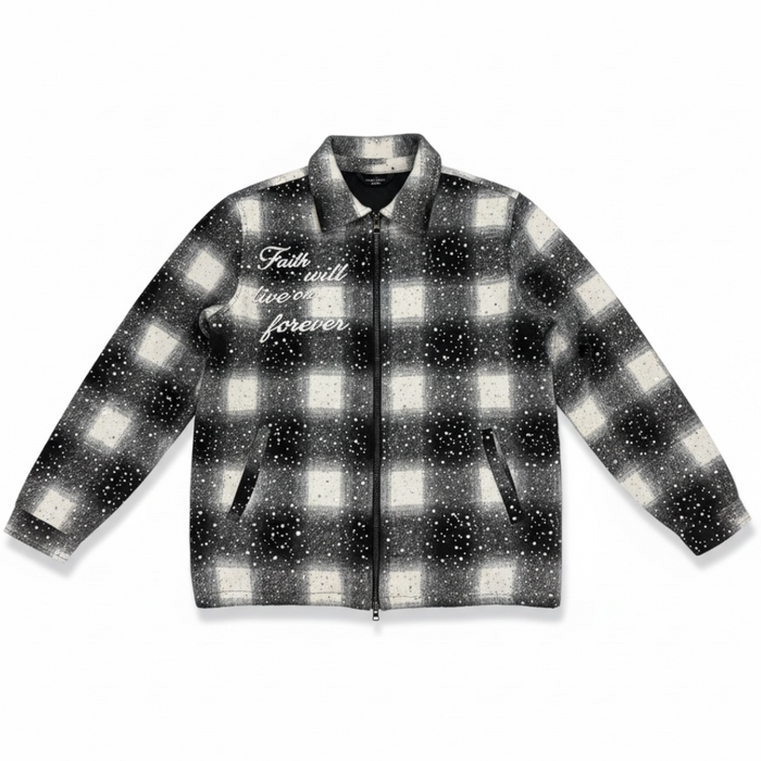 Black Kloud9 Faith padded rhinestone plaid flannel jacket with embroidered details and a relaxed fit.