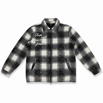Black Kloud9 Faith padded rhinestone plaid flannel jacket with embroidered details and a relaxed fit.