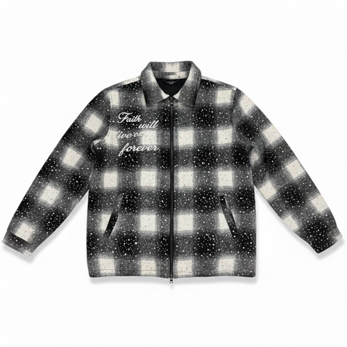 Black Kloud9 Faith padded rhinestone plaid flannel jacket with embroidered details and a relaxed fit.