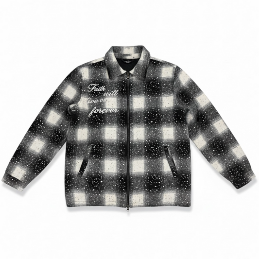 Black Kloud9 Faith padded rhinestone plaid flannel jacket with embroidered details and a relaxed fit.