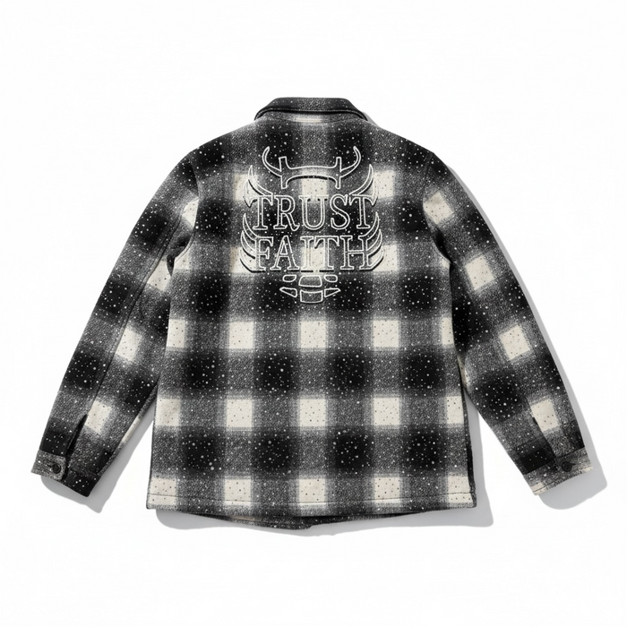 Black Kloud9 Faith padded rhinestone plaid flannel jacket with button closure and cozy collar, stylish and warm outerwear.