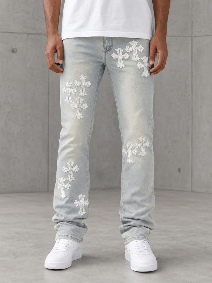 Aqua blue Kloud9 'Triple Cross' rhinestone-studded stacked denim jacket with bold cross designs on the front.
