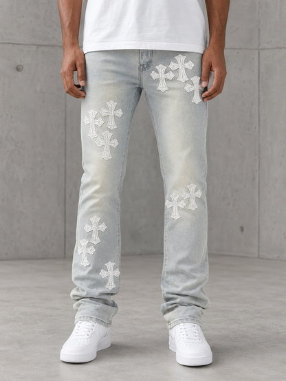Aqua blue Kloud9 'Triple Cross' rhinestone-studded stacked denim jacket with bold cross designs on the front.