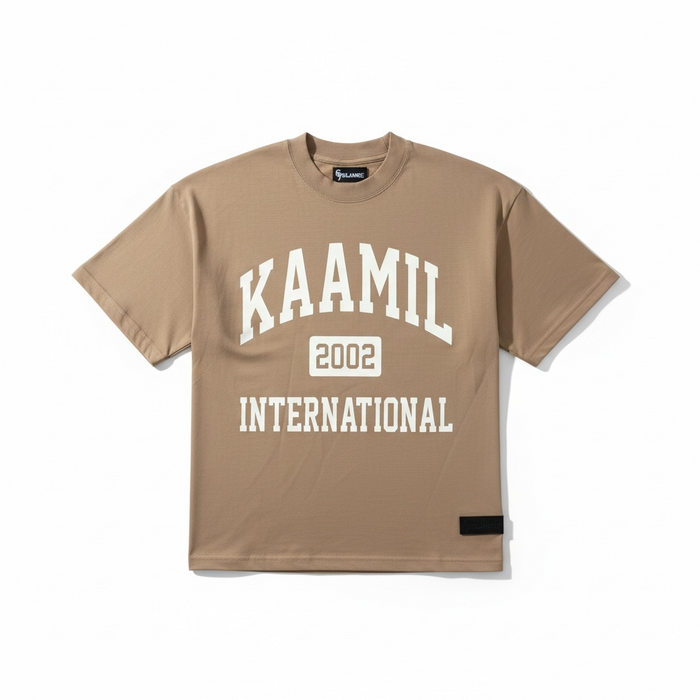 KML 'INTERNATIONAL' heavyweight T-shirt in timber color, casual tee with printed design, soft fabric, and comfortable fit.