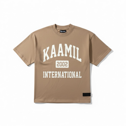 KML 'INTERNATIONAL' heavyweight T-shirt in timber color, casual tee with printed design, soft fabric, and comfortable fit.