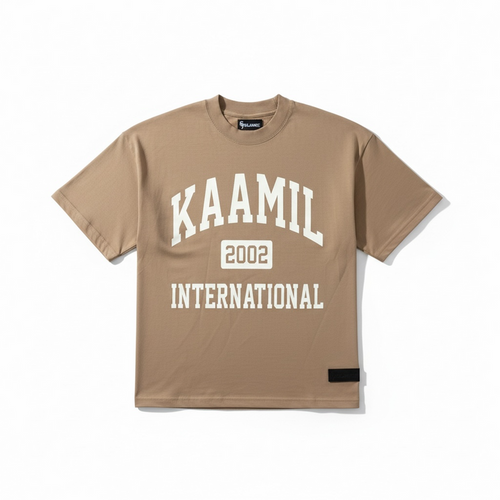 KML 'INTERNATIONAL' heavyweight T-shirt in timber color, casual tee with printed design, soft fabric, and comfortable fit.