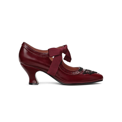 PRE-ORDER Laurel Beaded Edwardian Shoes Wide (Burgundy/Black)