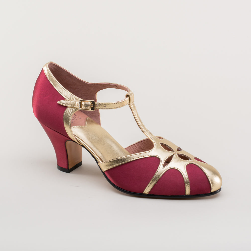 Lilith Vintage Flapper T-Straps (Burgundy/Gold)