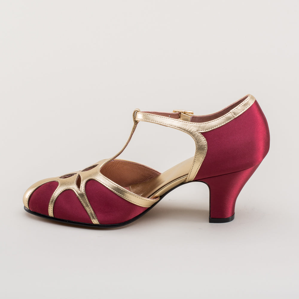 Lilith Vintage Flapper T-Straps Wide (Burgundy/Gold)