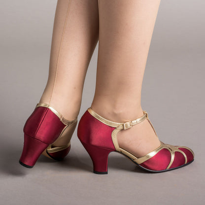 Lilith Vintage Flapper T-Straps Wide (Burgundy/Gold)