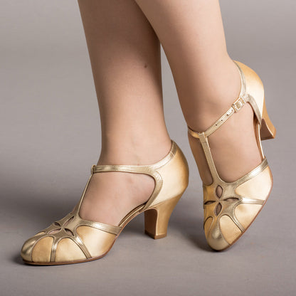 Lilith Vintage Flapper T-Straps Wide (Gold/Gold)