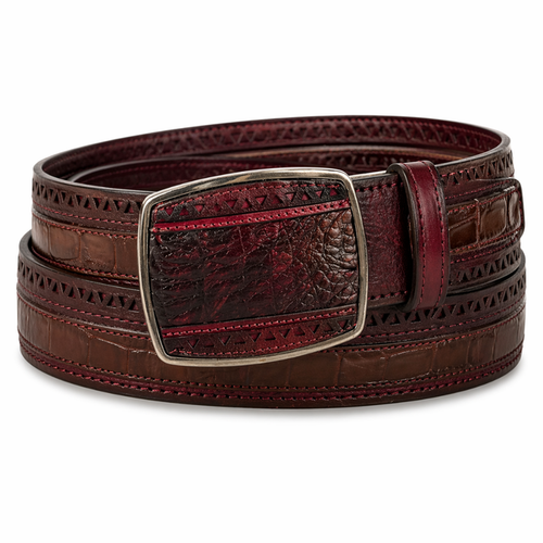 Los Altos Caiman Belly Laser Belt with Square Buckle - Black Cherry
