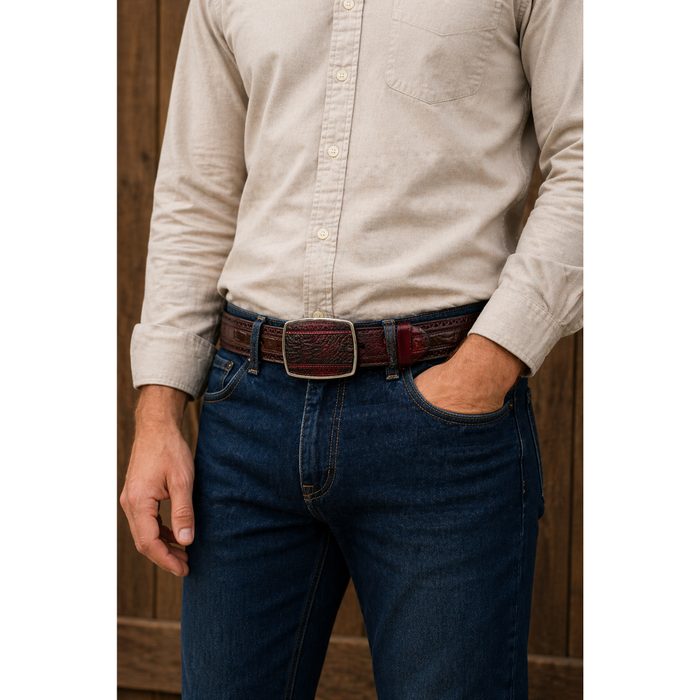 Los Altos Caiman Belly Laser Belt with Square Buckle - Black Cherry