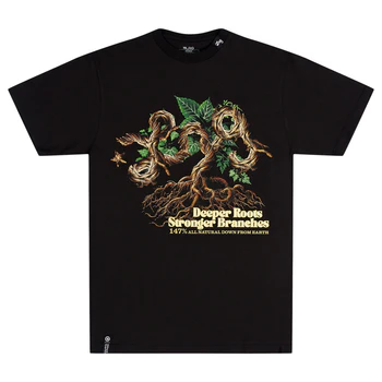 Black LRG Deeply Rooted T-Shirt with graphic design, casual fit, soft fabric, and crew neckline.