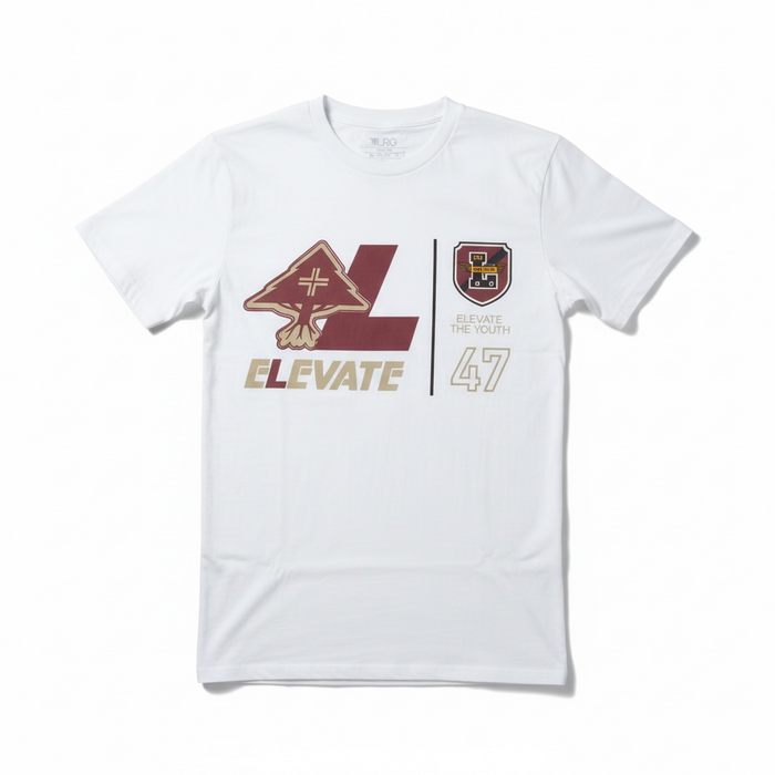 White LRG Elevate varsity T-shirt featuring contrasting collar and sleeve trim, casual fit for everyday wear.
