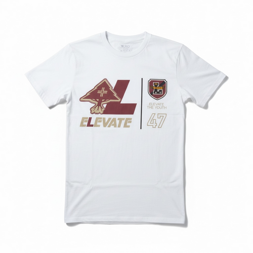 White LRG Elevate varsity T-shirt featuring contrasting collar and sleeve trim, casual fit for everyday wear.