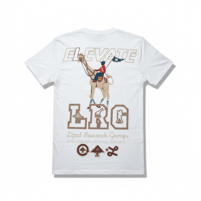 White LRG Elevate varsity T-Shirt featuring a classic crew neck and varsity-inspired design with logo details.