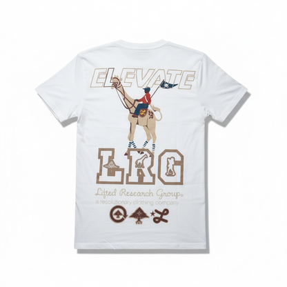 White LRG Elevate varsity T-Shirt featuring a classic crew neck and varsity-inspired design with logo details.