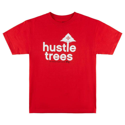 Red LRG Hustle Trees T-Shirt with graphic design, short sleeves, and crew neck, laid flat showing front view.