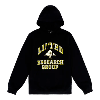 Black LRG ‘Organized Research’ hoodie with front pocket and hood, displayed on a hanger.