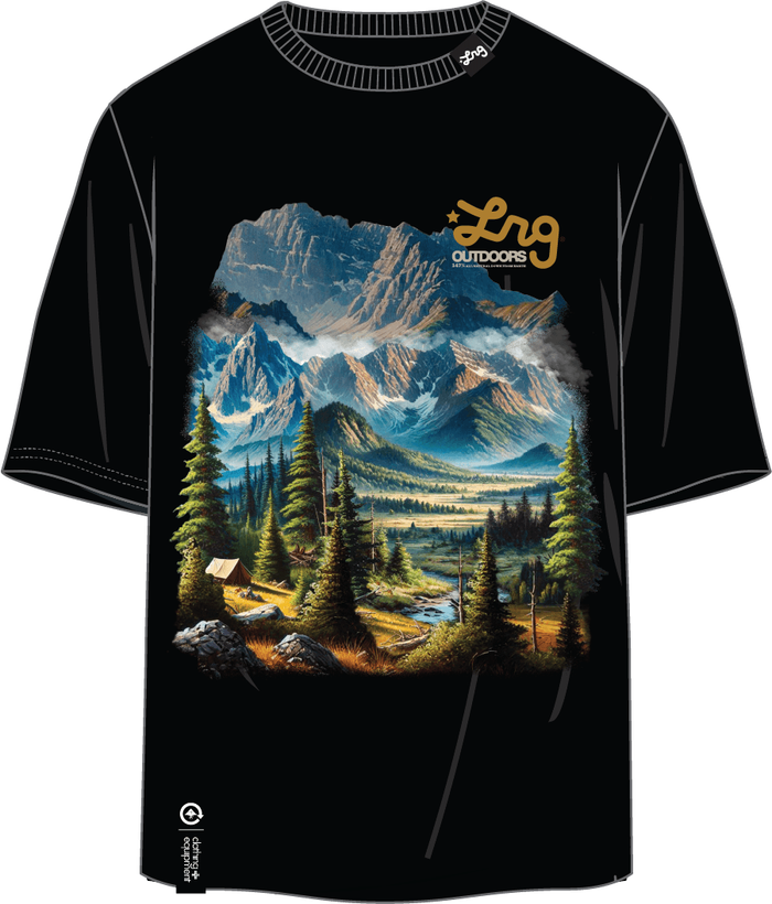 Black LRG ‘The Fresh Outdoors’ T-Shirt with graphic print, showcasing a casual fit and brand logo on the front.