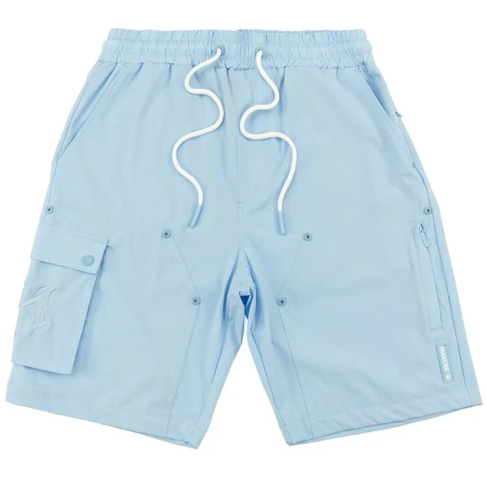 Makobi Adorni blue nylon shorts, men's casual athletic shorts with adjustable waistband and side pockets.