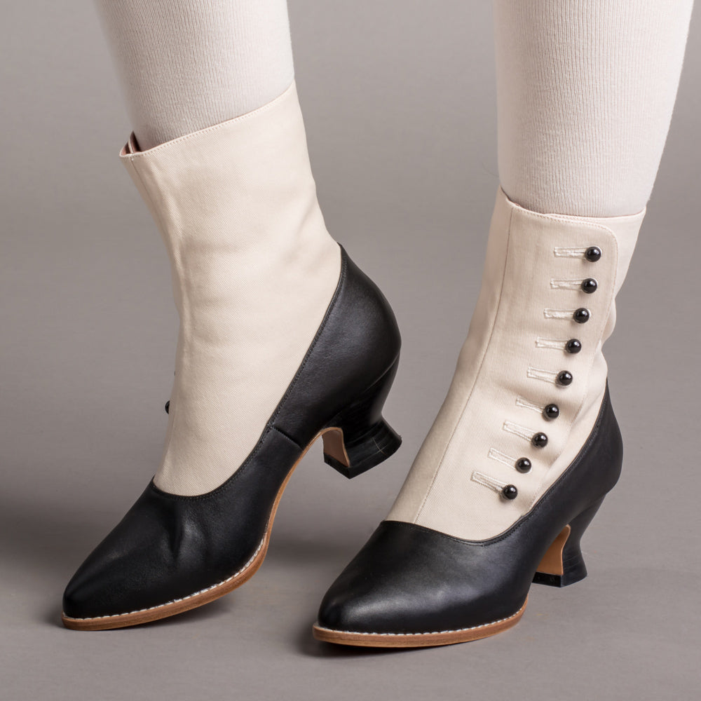 Manhattan Victorian Cloth-Top Button Boots (Ivory/Black)