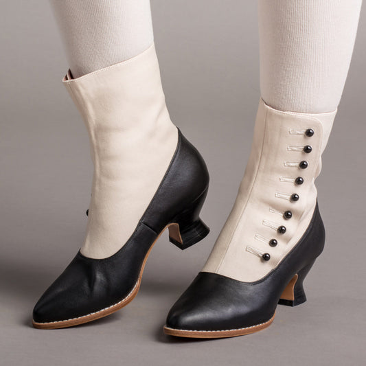 Manhattan Victorian Cloth-Top Button Boots (Ivory/Black)