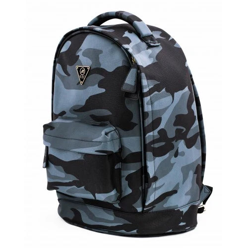 Mint Camo Leather Backpack in navy with adjustable straps and multiple compartments, designed for stylish accessories.