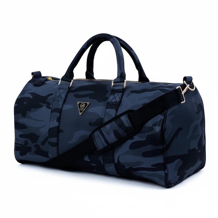 Navy Mint Camo Leather Duffle Bag accessory with camouflage pattern and sturdy leather construction, ideal for travel.