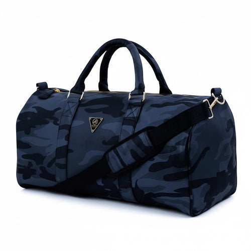 Navy Mint Camo Leather Duffle Bag accessory with camouflage pattern and sturdy leather construction, ideal for travel.