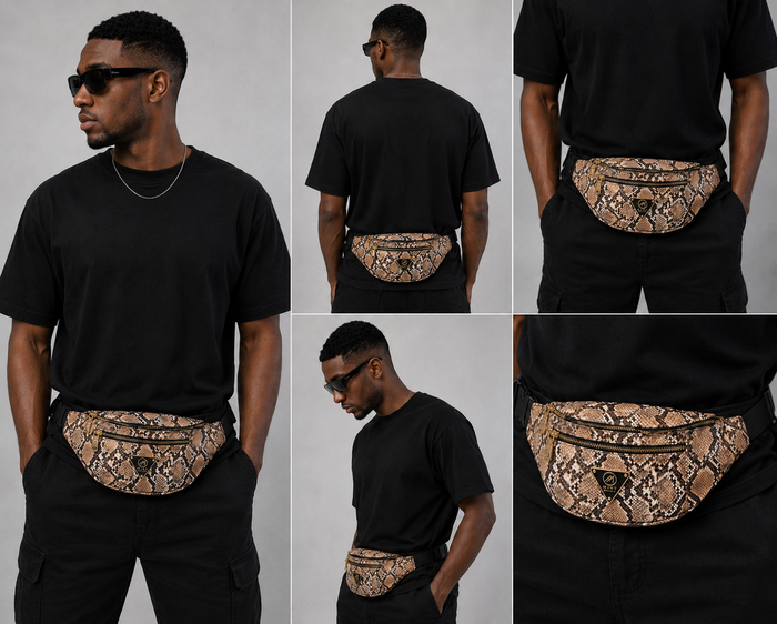 Mint Cobra Fanny Pack Bag in tan, shown from multiple angles, featuring adjustable strap and textured cobra design.