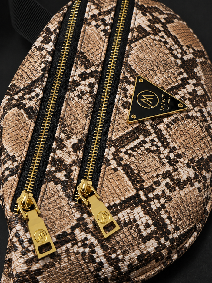 Tan Mint Cobra Fanny Pack Bag with adjustable strap and textured design, perfect for casual wear and everyday use.