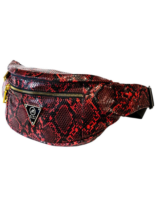 Red Mint Cobra leather fanny pack with adjustable strap and compact design, perfect for casual wear and storage.