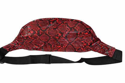 Red Mint Cobra leather fanny pack with adjustable strap and front zipper pocket, designed for casual wear.