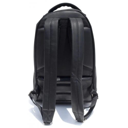 Black Mint Lambskin Backpack from the back, showcasing its sleek design and smooth leather texture.