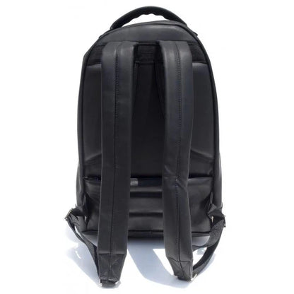Black Mint Lambskin Backpack from the back, showcasing its sleek design and smooth leather texture.