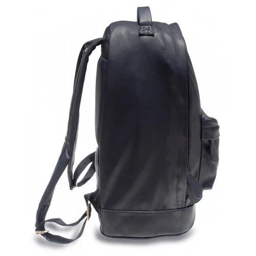 Black mint lambskin backpack from MINT, showing side view with sleek leather design and adjustable straps.