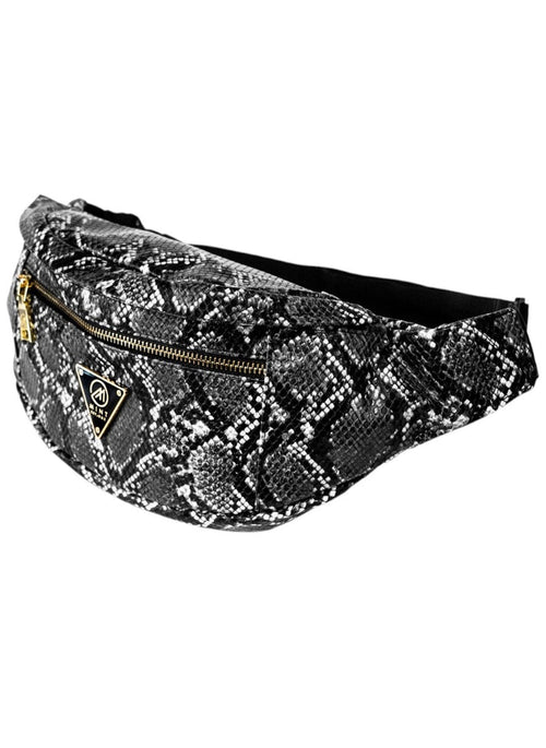 Mint Python Fanny Pack Bag in black and white featuring a cobra design, worn around the waist for a stylish, casual look.