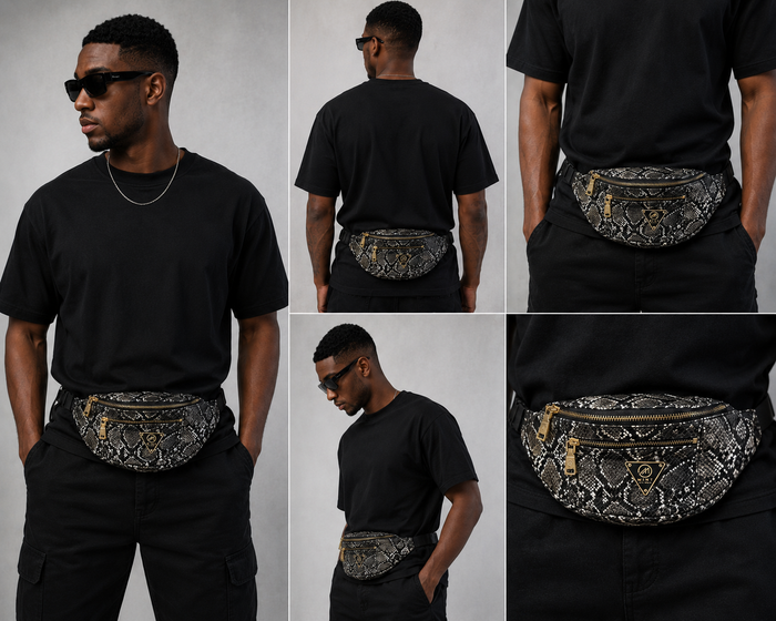 Black and white Mint Python Fanny Pack Bag with a sleek design and adjustable strap for comfortable wear.