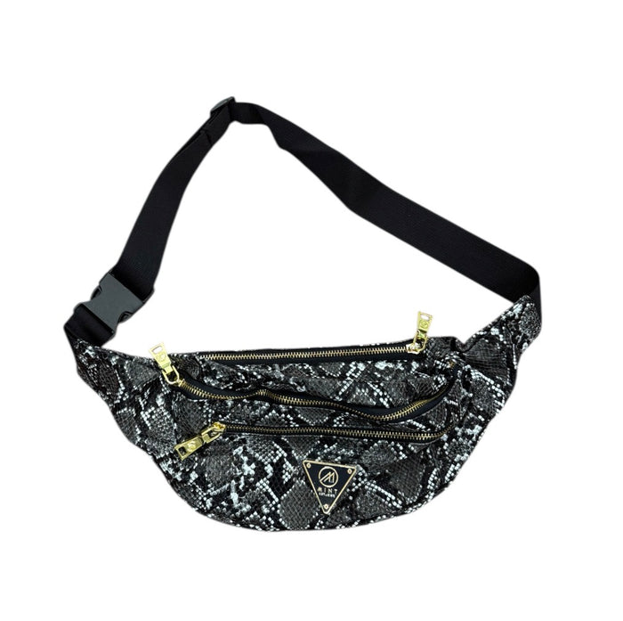 Black and white Mint Python Fanny Pack bag with adjustable strap and zippered compartment, stylish and practical accessory.