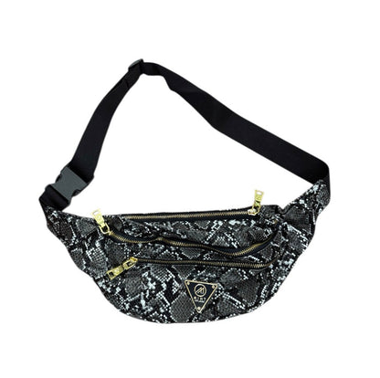 Black and white Mint Python Fanny Pack bag with adjustable strap and zippered compartment, stylish and practical accessory.