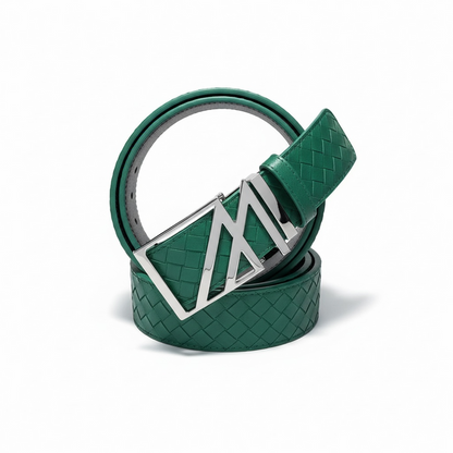 Mint-worldwide premium geometric M buckle in platinum, a stylish accessory with a modern design and sleek metallic finish.