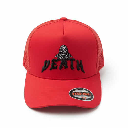 Red MUKA Death Trucker Hat featuring mesh panels and adjustable snapback for a casual, stylish accessory.
