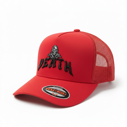 Red MUKA Death Trucker Hat featuring mesh back and adjustable strap, casual accessory with bold graphic front design.